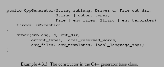 \begin{Example}
% latex2html id marker 1421\begin{lrbox}{\fmbox}\begin{minipag...
...{\fmbox}}\caption{The constructor in the C++ generator base class.}\end{Example}