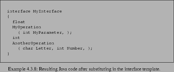 \begin{Example}
% latex2html id marker 1564\begin{lrbox}{\fmbox}\begin{minipag...
...{Resulting Java code after substituting in the interface template.}\end{Example}