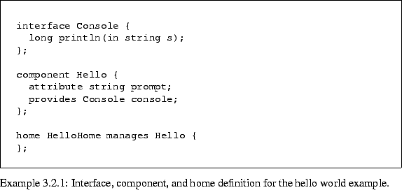 \begin{Example}
% latex2html id marker 268\begin{lrbox}{\fmbox}\begin{minipage...
...rface, component, and home definition for the hello world example.}\end{Example}